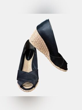 Adrienne Vittadini AV Bailey Black Satin Espadrille Wedge Peep Toe Women’s 8.5